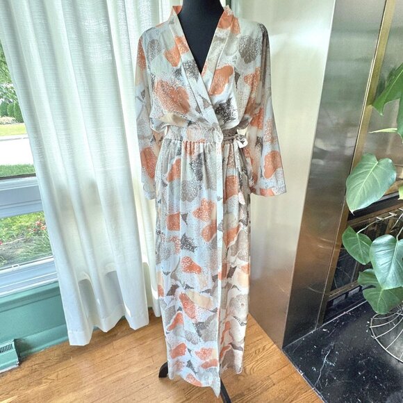 Vintage 80s robe, kaki green, tan, orange abstract floral print, cinched waist - Picture 1 of 10